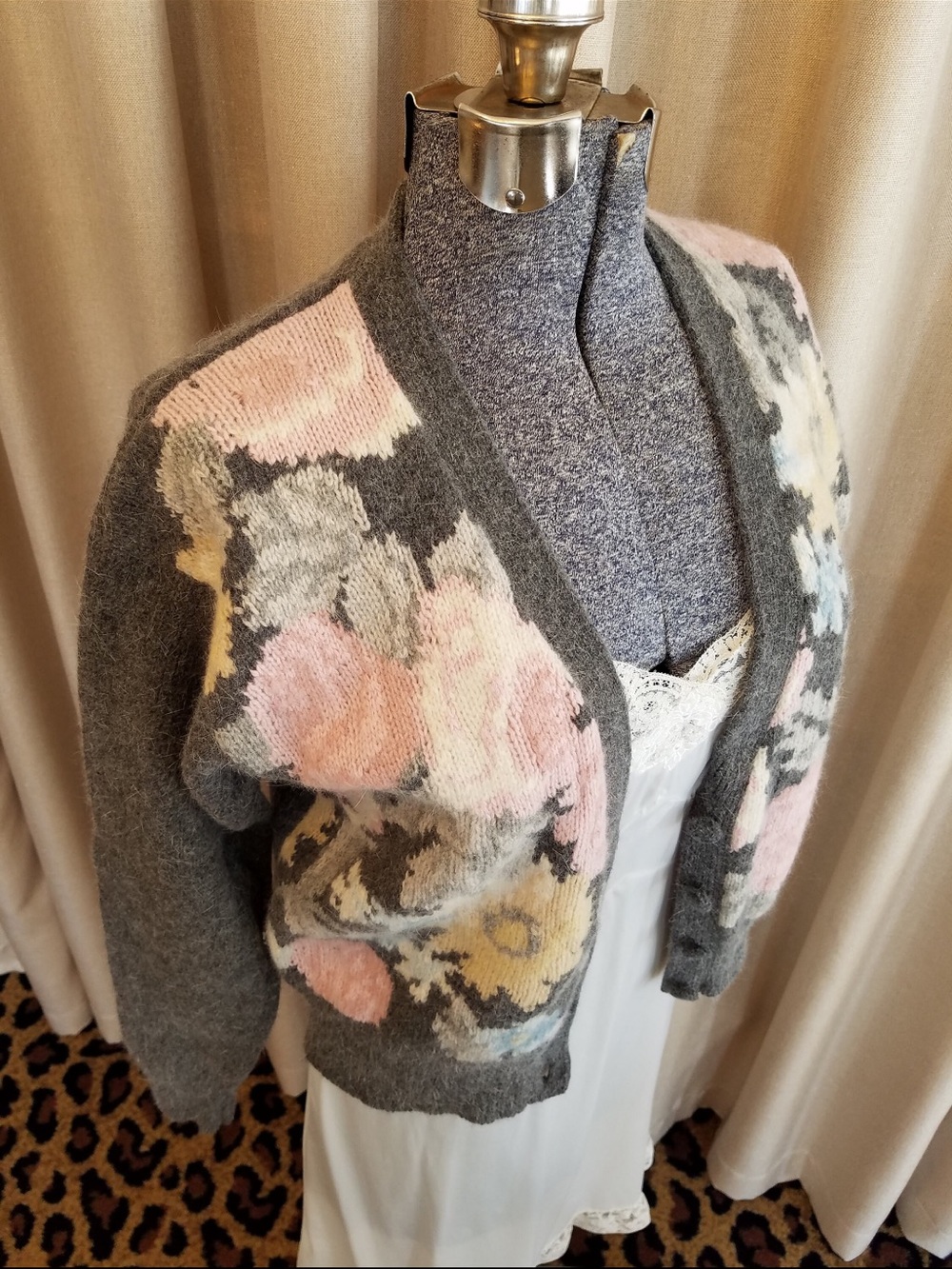 Gray Floral Knit Women's Cardigan Sweater - Pink & Cream Accents